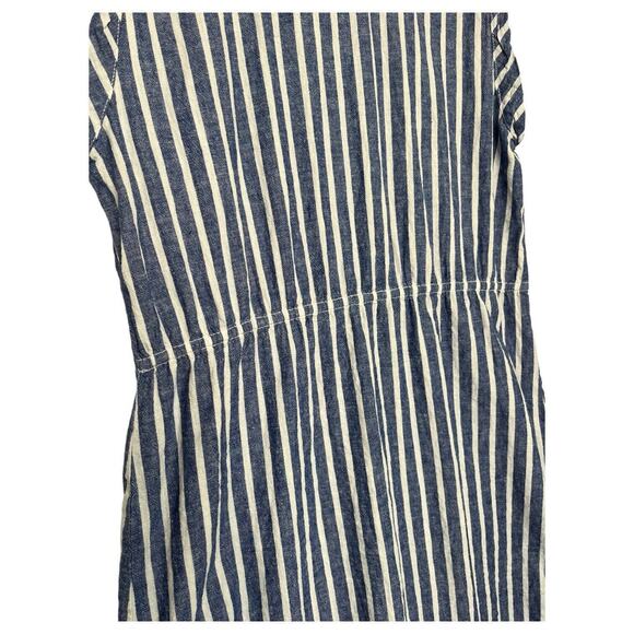 Beach Lunch Lounge Dress Womens L Linen Striped Shirt Embroidered Floral Blue - Picture 10 of 12